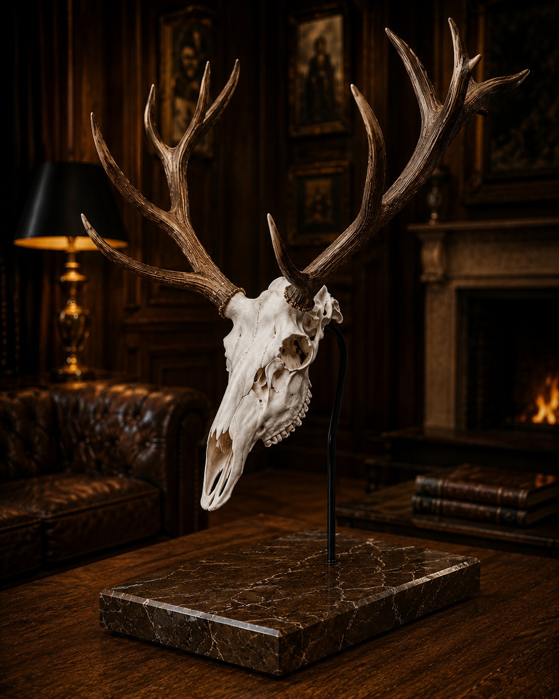 Rothirsch-Trophäenständer auf dunklem Marmor am Kamin