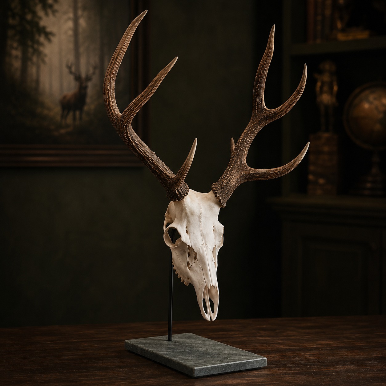 Rothirsch-Trophäenständer auf grünem Marmor im Jagdzimmer – Edel Trophy