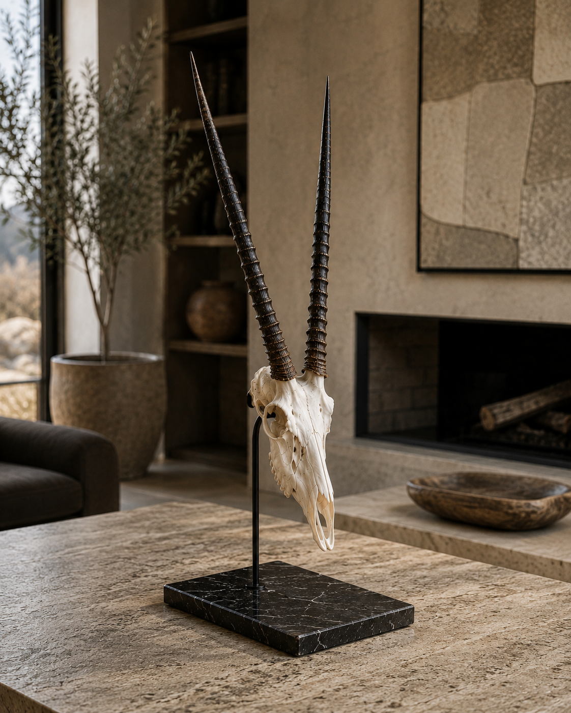 Springbok-Trophäe auf schwarzem Marmor in modernem Interieur – Edel Trophy