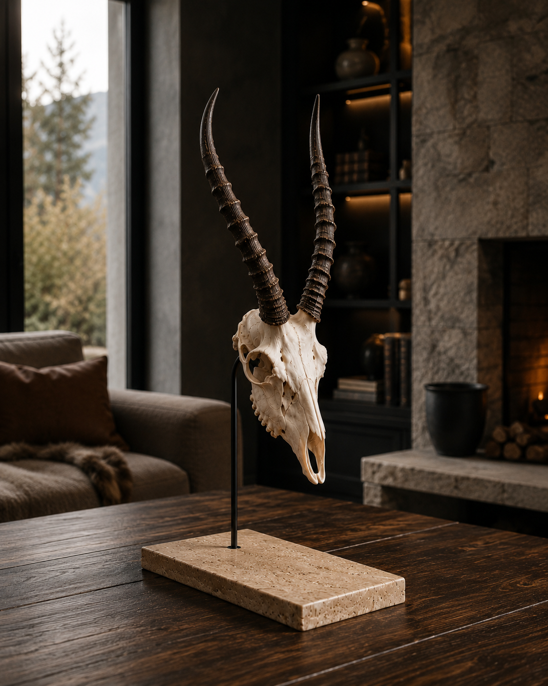 Springbok-Trophäe auf Travertin-Sockel in modernem Interieur – Edel Trophy
