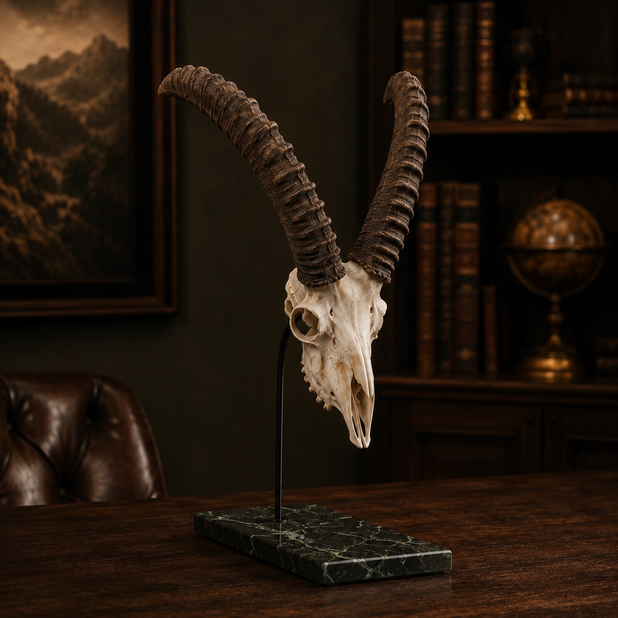 Steinbock-Trophäenständer auf grünem Marmor – Edel Trophy