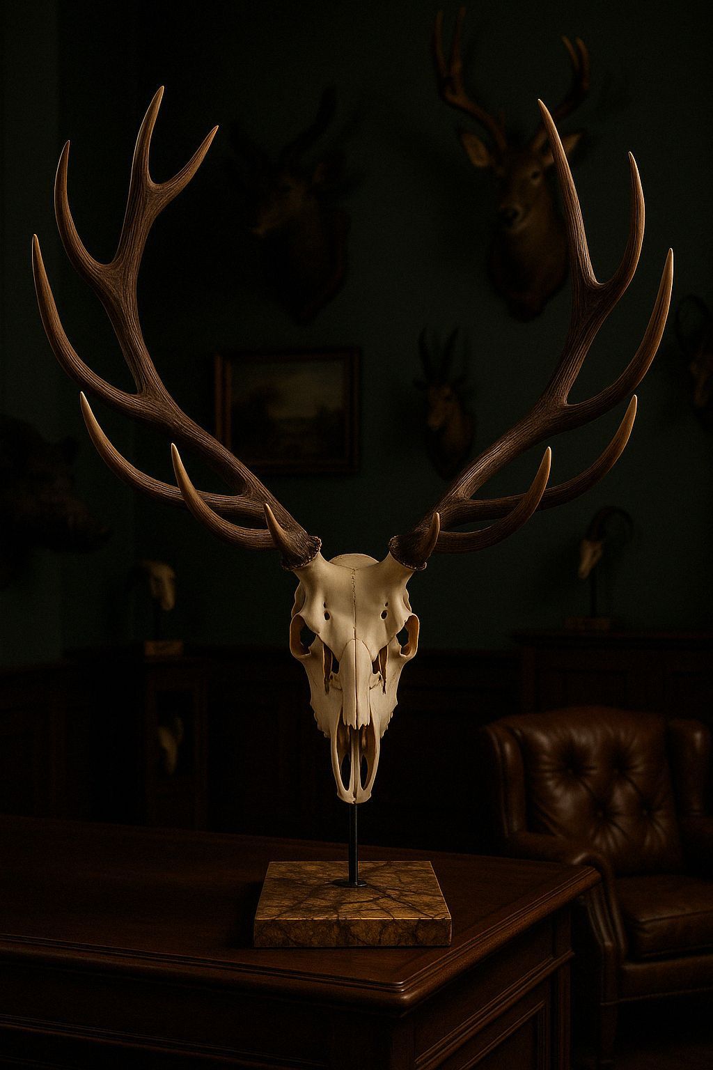 Hirsch-Trophäenständer auf Naturstein im Jagdzimmer mit Kamin