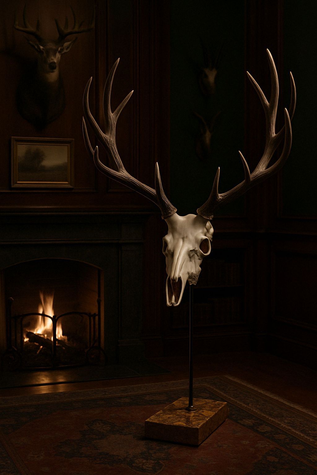 Rothirsch-Trophäenständer im dunklen Jagdraum mit Kamin – Edel Trophy