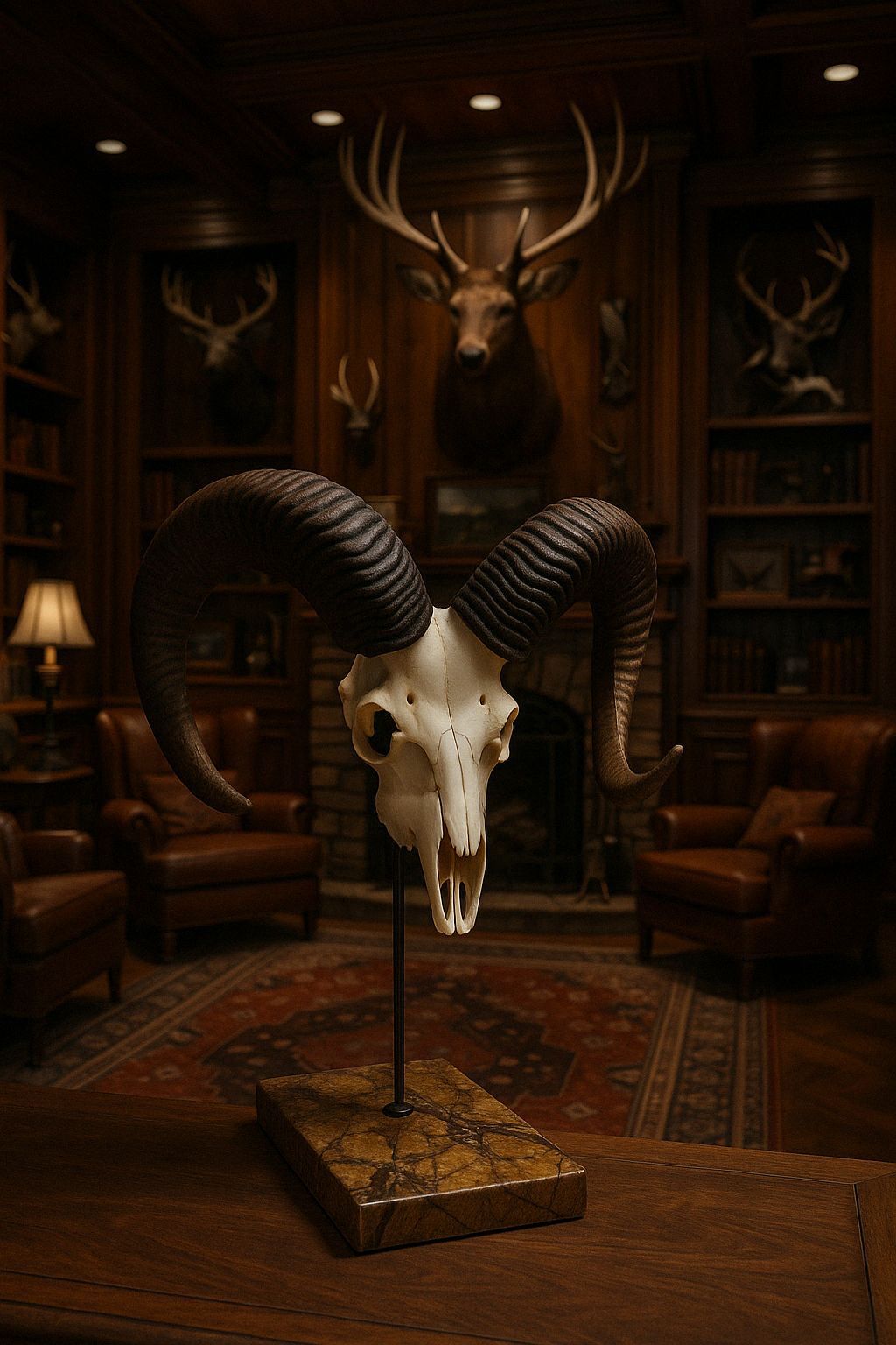 Mufflon-Trophäenständer in klassischer Bibliothek