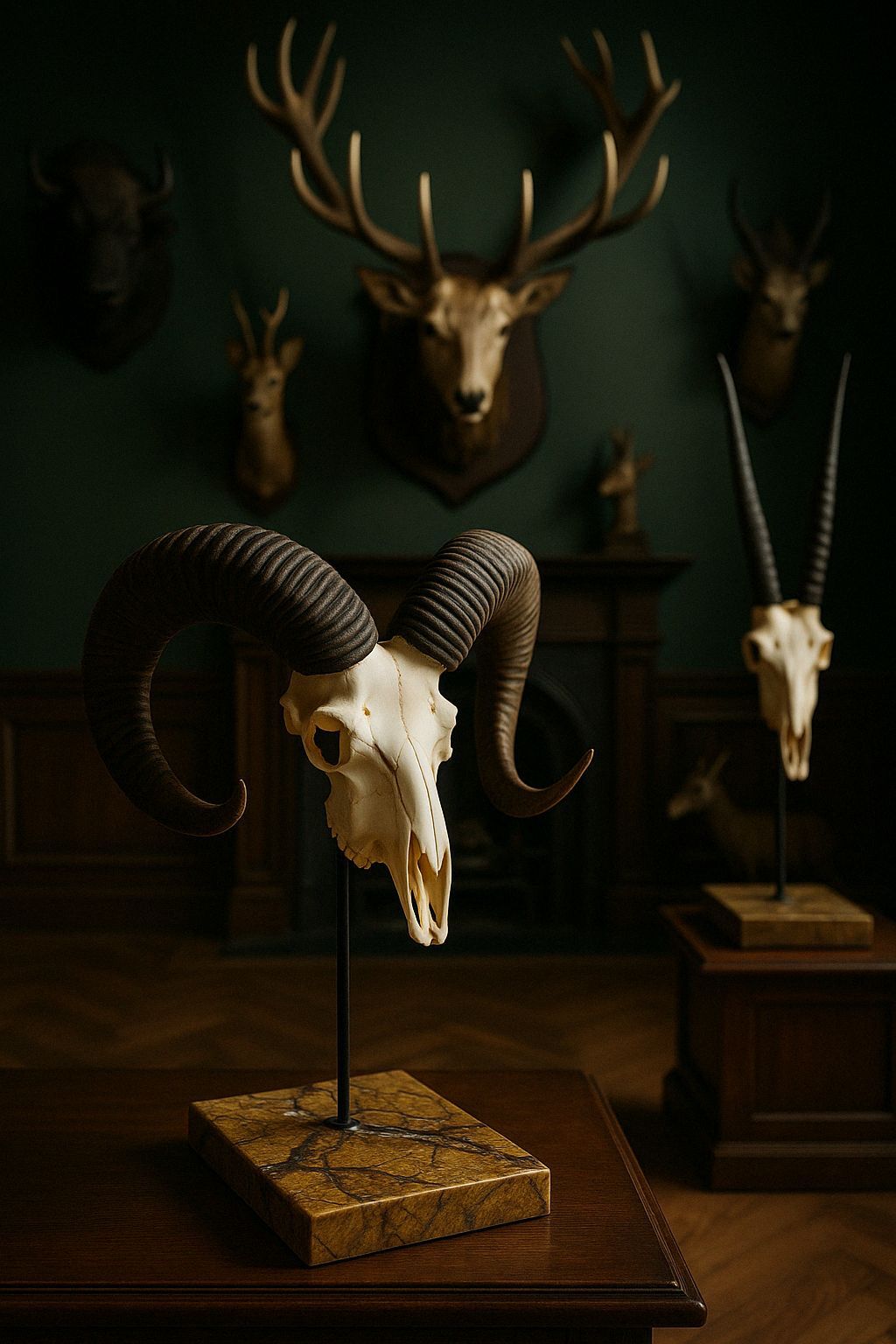 Mufflon-Trophäenständer im stilvollen Jagdzimmer neben Hirschgeweih