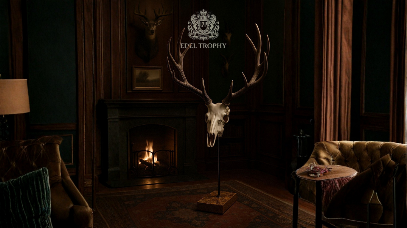 Edel Trophy Trophäenständer – Hirsch am Kamin in traditionellem Jagdzimmer