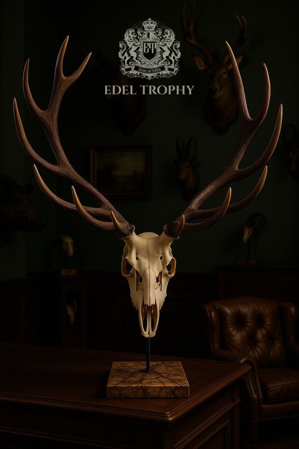 Rothirsch-Trophäenständer auf Naturstein im Jagdzimmer – Edel Trophy