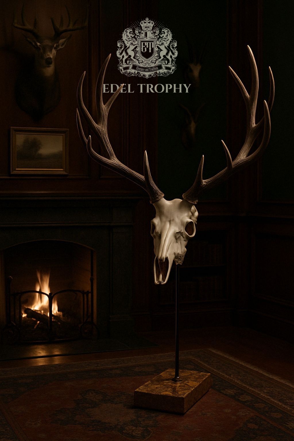 Rotwild-Trophäenständer im Jagdzimmer mit Kaminfeuer – Edel Trophy