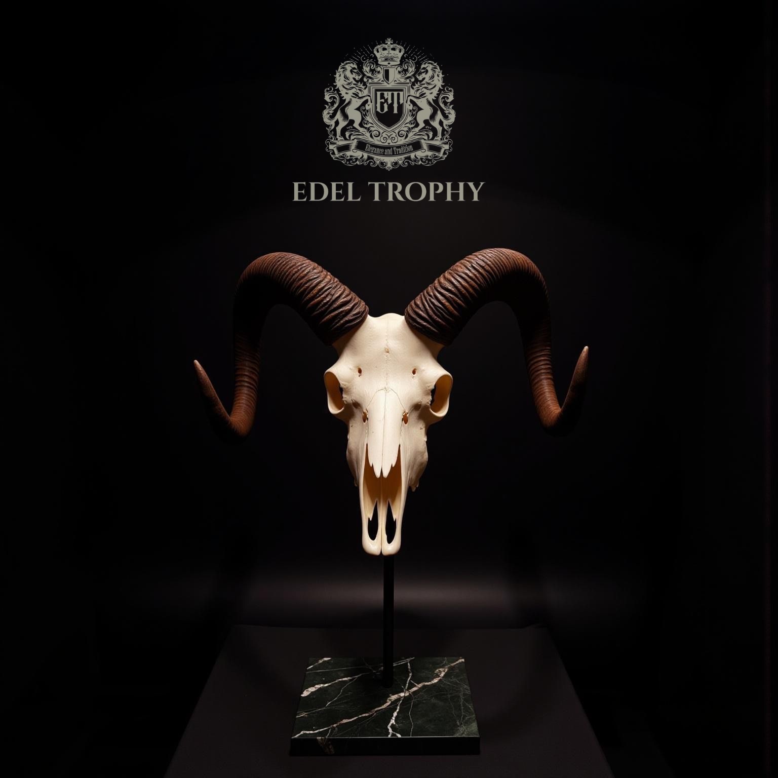 Edel Trophy Trophäenständer mit Mufflon-Schädel auf Emperor Noir Marmor