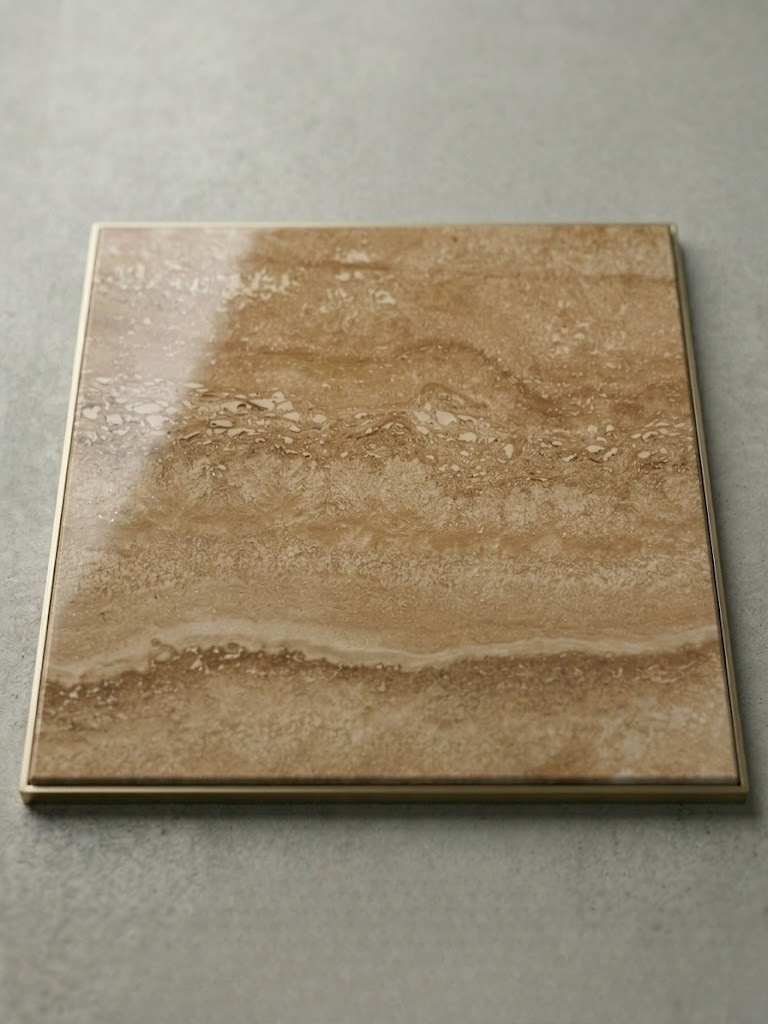 Travertin Nussbraun – warmer beigefarbener Travertin mit horizontaler Schichtung für Trophäenständer